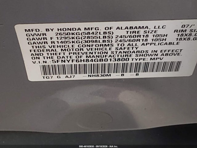 2016 Honda Pilot Ex-l მანქანა იყიდება აუქციონზე, vin: 5FNYF6H84GB013800, აუქციონის ნომერი: 46163930