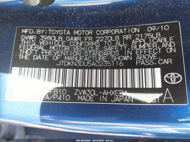 46163940 :رقم المزاد ، JTDKN3DU5A0235116 vin ، 2010 Toyota Prius Ii مزاد بيع