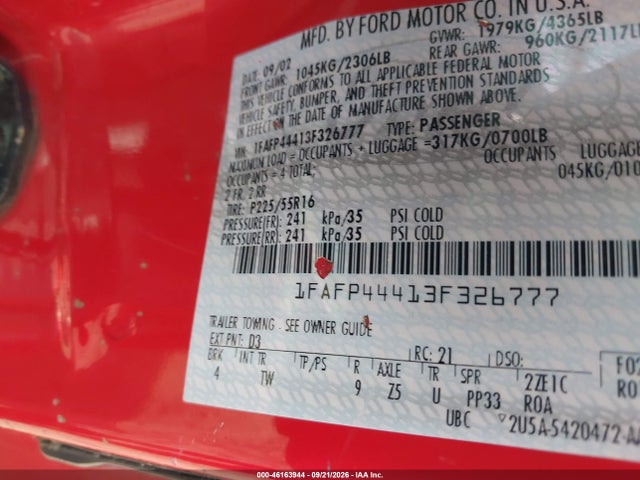 2003 Ford Mustang მანქანა იყიდება აუქციონზე, vin: 1FAFP44413F326777, აუქციონის ნომერი: 46163944