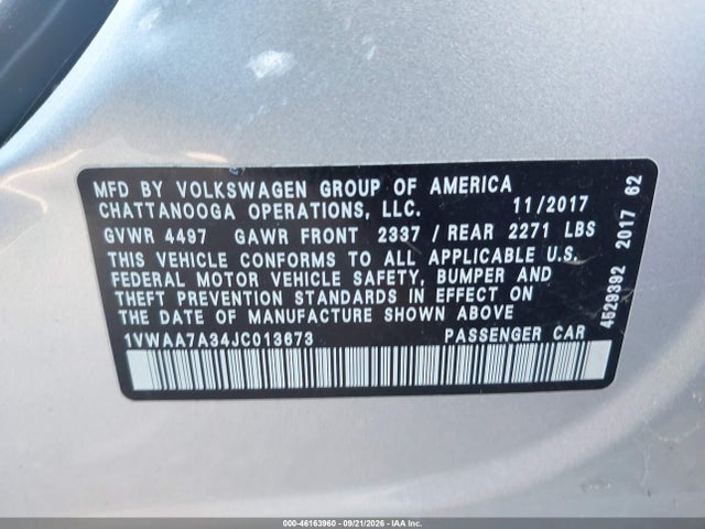 2018 Volkswagen Passat 2.0t R-line/2.0t S მანქანა იყიდება აუქციონზე, vin: 1VWAA7A34JC013673, აუქციონის ნომერი: 46163960