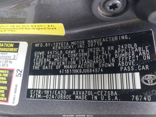 Продаж на аукціоні авто 2018 Toyota Camry Se, vin: 4T1B11HK8JU664974, номер лоту: 46163961