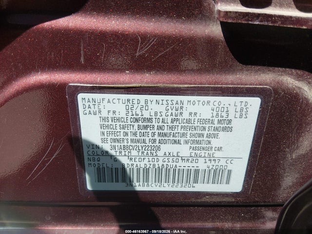 Продаж на аукціоні авто 2020 Nissan Sentra Sv Xtronic Cvt, vin: 3N1AB8CV2LY223206, номер лоту: 46163967