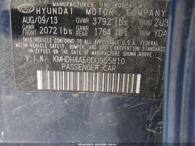 Aukcja sprzedaży 2013 Hyundai Elantra Gls, vin: KMHDH4AE0DU955810, numer aukcji: 46163979