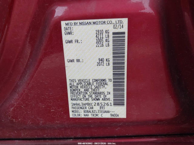 Продажа на аукционе авто 2014 Nissan Altima 2.5/2.5 S/2.5 Sl/2.5 Sv, vin: 1N4AL3AP8EC285261, номер лота: 46163982