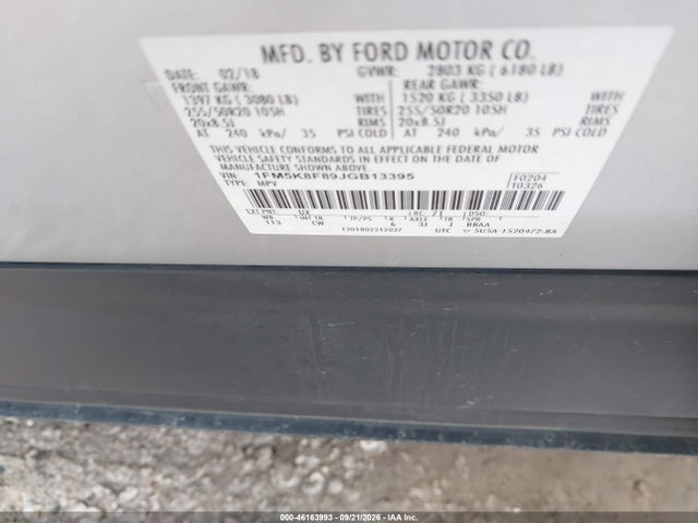46163993 :رقم المزاد ، 1FM5K8F89JGB13395 vin ، 2018 Ford Explorer Limited مزاد بيع