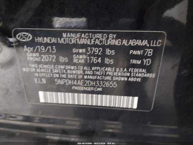 46163995 :رقم المزاد ، 5NPDH4AE2DH332655 vin ، 2013 Hyundai Elantra Gls مزاد بيع