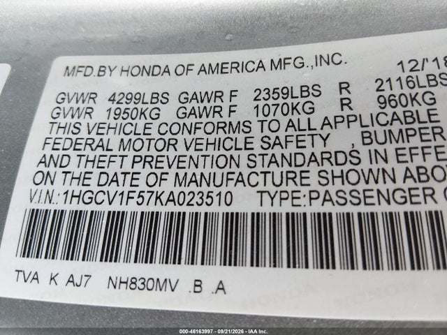 1HGCV1F57KA023510 Honda Accord Ex-l