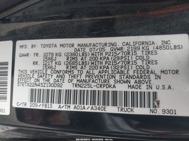 46164010 :رقم المزاد ، 5TETX22N45Z130092 vin ، 2005 Toyota Tacoma مزاد بيع