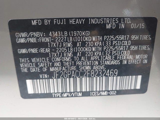 46164012 :رقم المزاد ، JF2GPACC2F8232469 vin ، 2015 Subaru Xv Crosstrek 2.0i Premium مزاد بيع