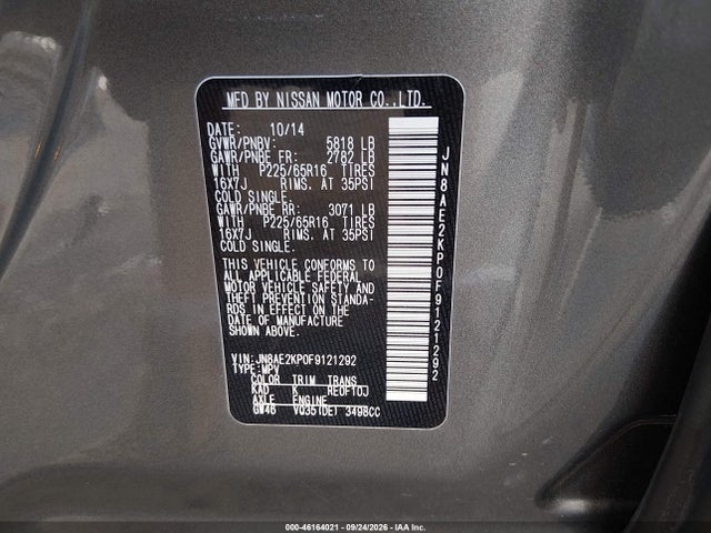 2015 Nissan Quest Sv მანქანა იყიდება აუქციონზე, vin: JN8AE2KP0F9121292, აუქციონის ნომერი: 46164021