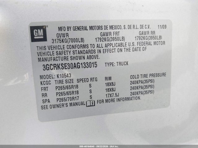 2010 Chevrolet Silverado 1500 Lt მანქანა იყიდება აუქციონზე, vin: 3GCRKSE30AG133015, აუქციონის ნომერი: 46164040