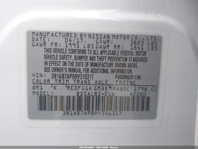 Продажа на аукционе авто 2017 Nissan Sentra S, vin: 3N1AB7AP8HY316317, номер лота: 46164051