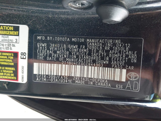 2012 Toyota Corolla L მანქანა იყიდება აუქციონზე, vin: 2T1BU4EE0CC844963, აუქციონის ნომერი: 46164054