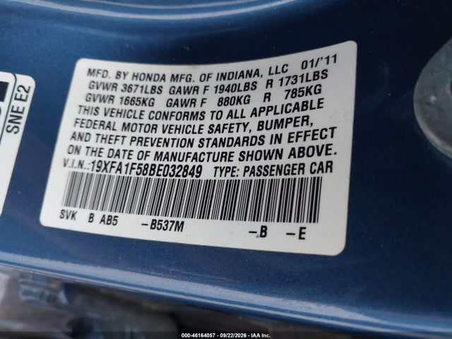Aukcja sprzedaży 2011 Honda Civic Lx, vin: 19XFA1F58BE032849, numer aukcji: 46164057