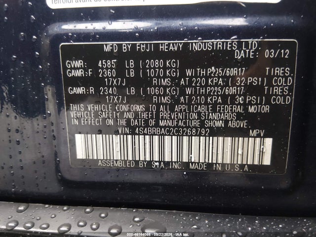 Продаж на аукціоні авто 2012 Subaru Outback 2.5i, vin: 4S4BRBAC2C3268792, номер лоту: 46164066