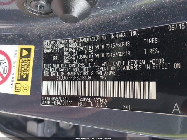 Aukcja sprzedaży 2015 Toyota Highlander Xle V6, vin: 5TDJKRFH3FS208539, numer aukcji: 46164079