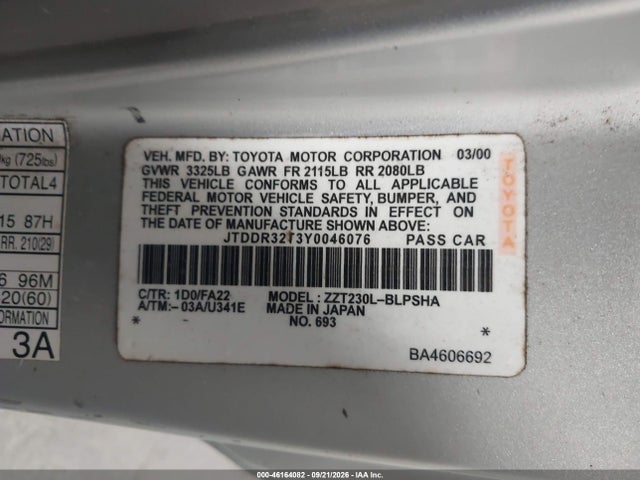 46164082 :رقم المزاد ، JTDDR32T3Y0046076 vin ، 2000 Toyota Celica Gt مزاد بيع