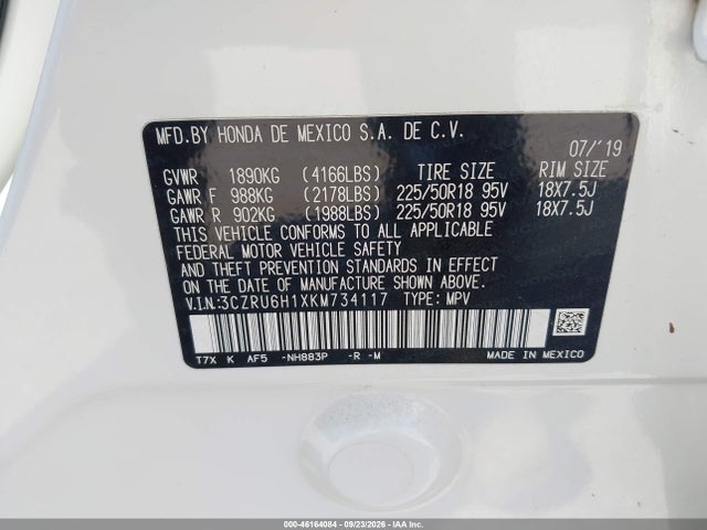 46164084 :رقم المزاد ، 3CZRU6H1XKM734117 vin ، 2019 Honda Hr-v Sport مزاد بيع