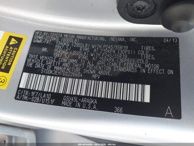 Aukcja sprzedaży 2013 Toyota Highlander Limited V6, vin: 5TDDK3EH7DS226664, numer aukcji: 46164088