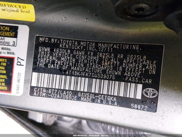 2012 Toyota Camry Xle V6 მანქანა იყიდება აუქციონზე, vin: 4T1BK1FK7CU509075, აუქციონის ნომერი: 46164103