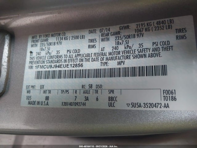 Продажа на аукционе авто 2014 Ford Escape Titanium, vin: 1FMCU9J94EUE12856, номер лота: 46164110