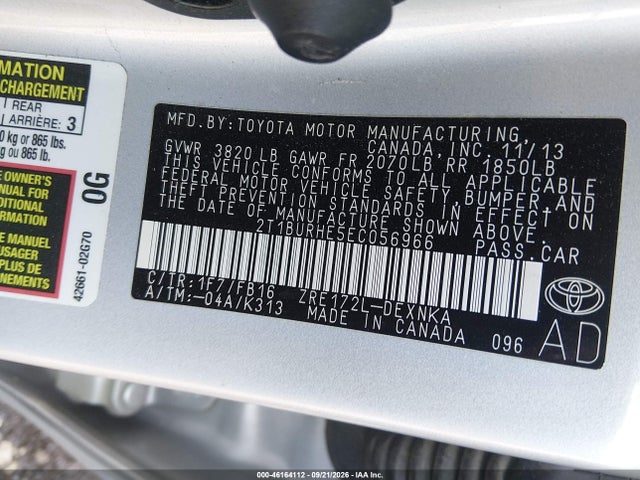 Aukcja sprzedaży 2014 Toyota Corolla Le, vin: 2T1BURHE5EC056966, numer aukcji: 46164112