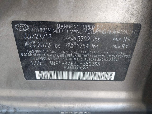 Продажа на аукционе авто 2013 Hyundai Elantra Limited, vin: 5NPDH4AE3DH389365, номер лота: 46164119
