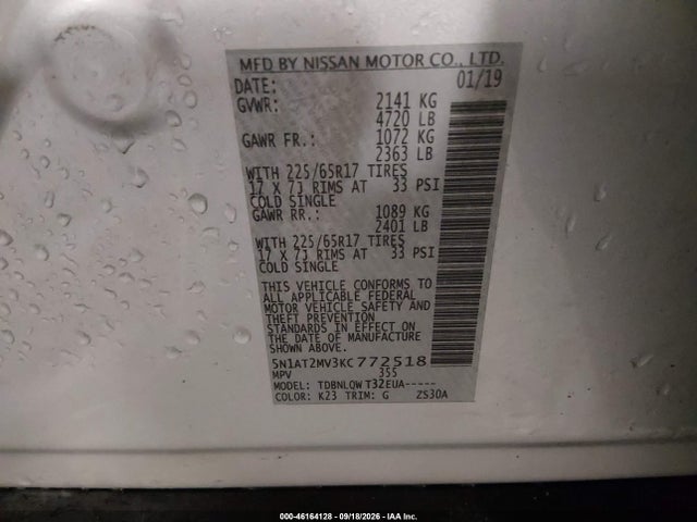 46164128 :رقم المزاد ، 5N1AT2MV3KC772518 vin ، 2019 Nissan Rogue Sv مزاد بيع