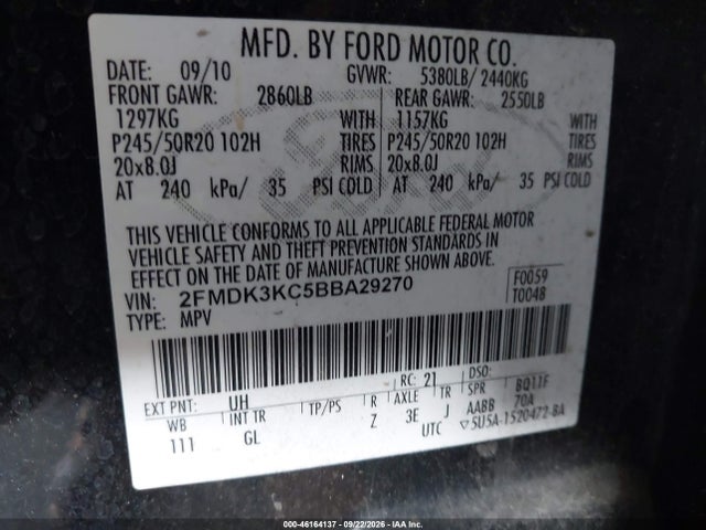 Aukcja sprzedaży 2011 Ford Edge Limited, vin: 2FMDK3KC5BBA29270, numer aukcji: 46164137