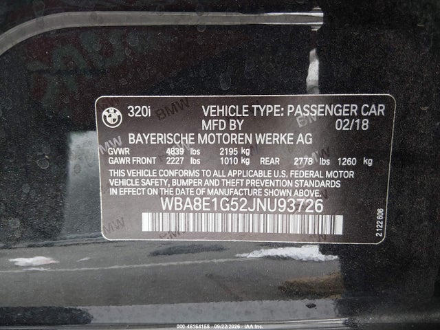 Продаж на аукціоні авто 2018 Bmw 320i, vin: WBA8E1G52JNU93726, номер лоту: 46164158