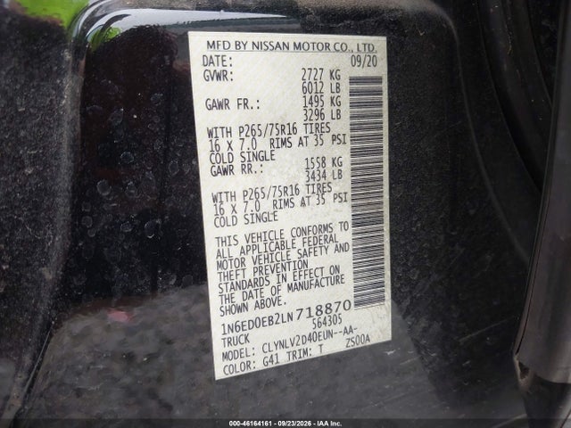Aukcja sprzedaży 2020 Nissan Frontier Pro-4x 4x4, vin: 1N6ED0EB2LN718870, numer aukcji: 46164161