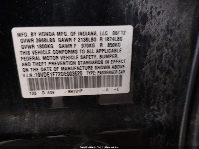 2013 Acura Ilx 2.0l მანქანა იყიდება აუქციონზე, vin: 19VDE1F72DE003520, აუქციონის ნომერი: 46164162