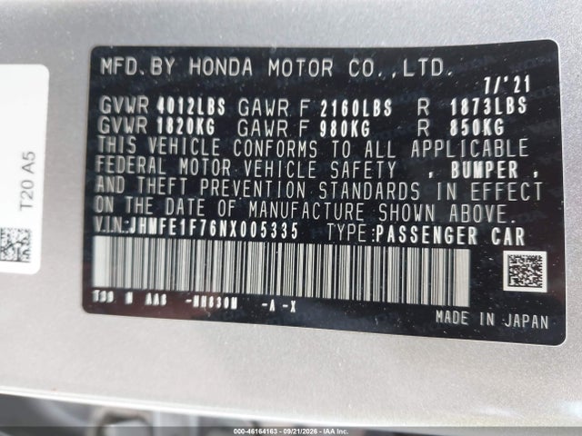 2022 Honda Civic Ex მანქანა იყიდება აუქციონზე, vin: JHMFE1F76NX005335, აუქციონის ნომერი: 46164163