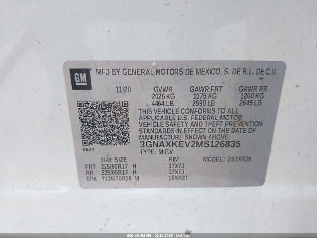 Aukcja sprzedaży 2021 Chevrolet Equinox Lt, vin: 3GNAXKEV2MS126835, numer aukcji: 46164168