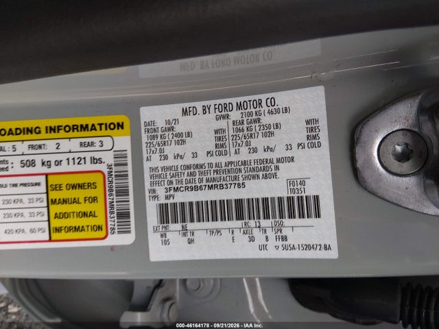 2021 Ford Bronco Sport Big Bend მანქანა იყიდება აუქციონზე, vin: 3FMCR9B67MRB37785, აუქციონის ნომერი: 46164178