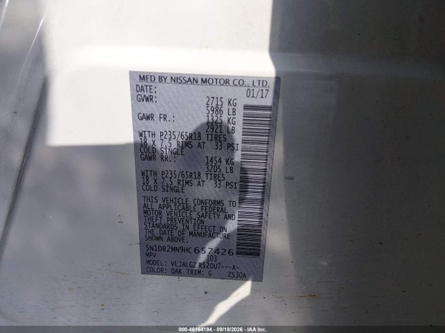 46164194 :رقم المزاد ، 5N1DR2MN9HC657426 vin ، 2017 Nissan Pathfinder Sl مزاد بيع