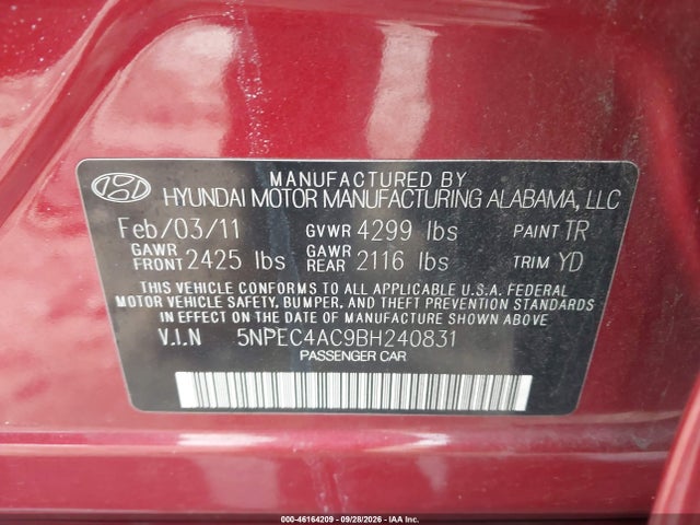 46164209 :رقم المزاد ، 5NPEC4AC9BH240831 vin ، 2011 Hyundai Sonata Limited مزاد بيع