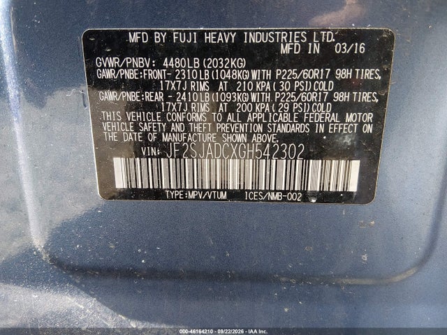 46164210 :رقم المزاد ، JF2SJADCXGH542302 vin ، 2016 Subaru Forester 2.5i Premium مزاد بيع