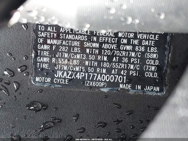 Aukcja sprzedaży 2007 Kawasaki Zx600 P, vin: JKAZX4P177A000701, numer aukcji: 46164214