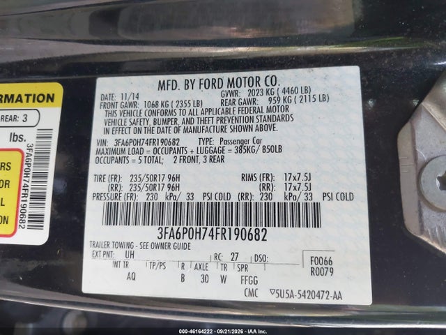 46164222 :رقم المزاد ، 3FA6P0H74FR190682 vin ، 2015 Ford Fusion Se مزاد بيع