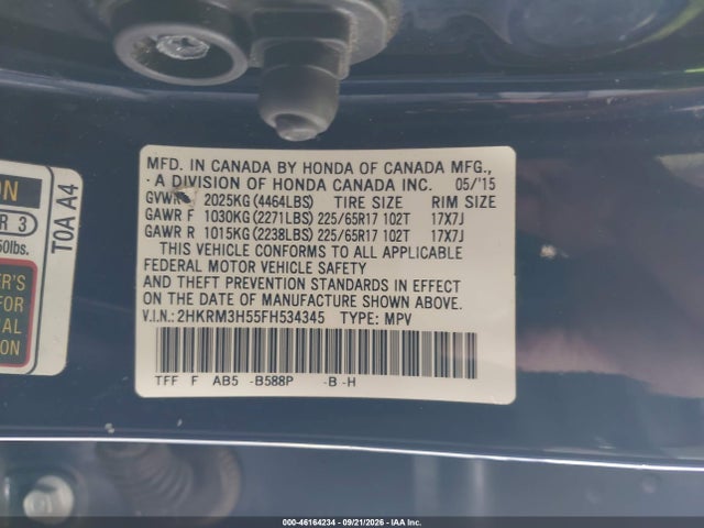 46164234 :رقم المزاد ، 2HKRM3H55FH534345 vin ، 2015 Honda Cr-v Ex مزاد بيع