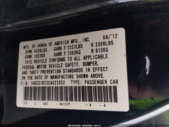 46164249 :رقم المزاد ، 1HGCS1B33CA023552 vin ، 2012 Honda Accord 2.4 Lx-s مزاد بيع
