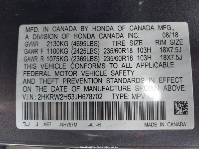 46164278 :رقم المزاد ، 2HKRW2H53JH678702 vin ، 2018 Honda Cr-v Ex مزاد بيع