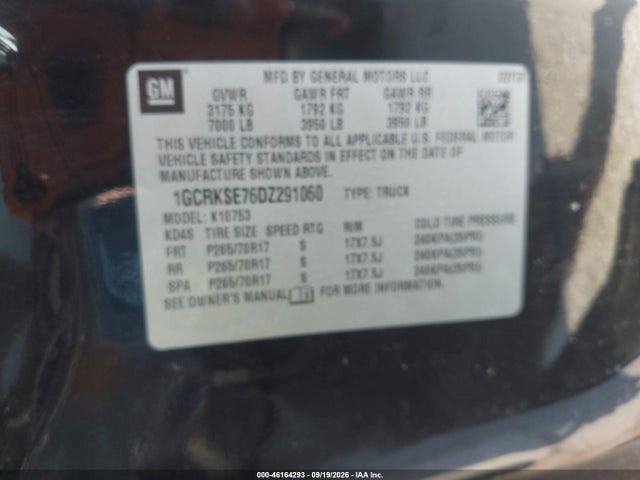 46164293 :رقم المزاد ، 1GCRKSE76DZ291060 vin ، 2013 Chevrolet Silverado 1500 Lt مزاد بيع