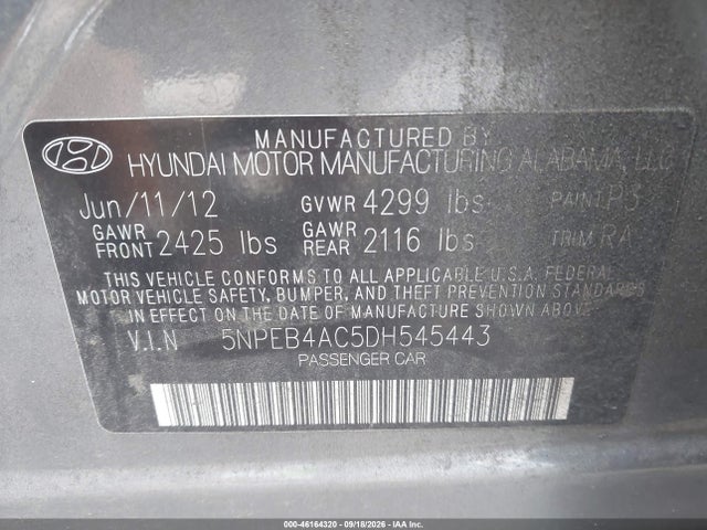 Aukcja sprzedaży 2013 Hyundai Sonata Gls, vin: 5NPEB4AC5DH545443, numer aukcji: 46164320