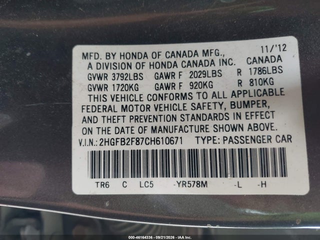 Продаж на аукціоні авто 2012 Honda Civic Ex, vin: 2HGFB2F87CH610671, номер лоту: 46164336