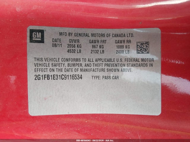 46164363 :رقم المزاد ، 2G1FB1E31C9116534 vin ، 2012 Chevrolet Camaro 1lt مزاد بيع