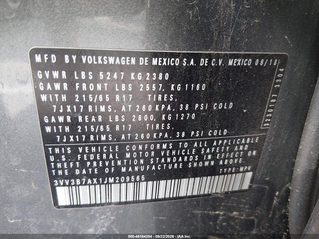 2018 Volkswagen Tiguan 2.0t Se/2.0t Sel მანქანა იყიდება აუქციონზე, vin: 3VV3B7AX1JM209565, აუქციონის ნომერი: 46164394