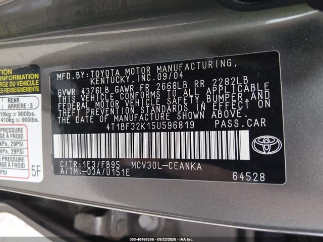 Aukcja sprzedaży 2005 Toyota Camry Le V6, vin: 4T1BF32K15U596819, numer aukcji: 46164396