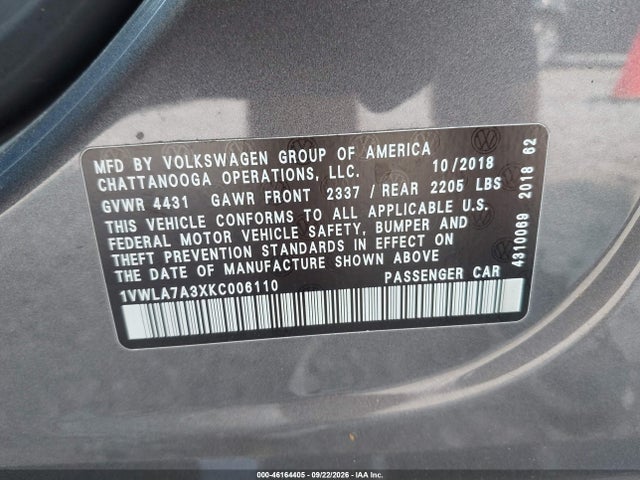 2019 Volkswagen Passat 2.0t Wolfsburg Edition მანქანა იყიდება აუქციონზე, vin: 1VWLA7A3XKC006110, აუქციონის ნომერი: 46164405